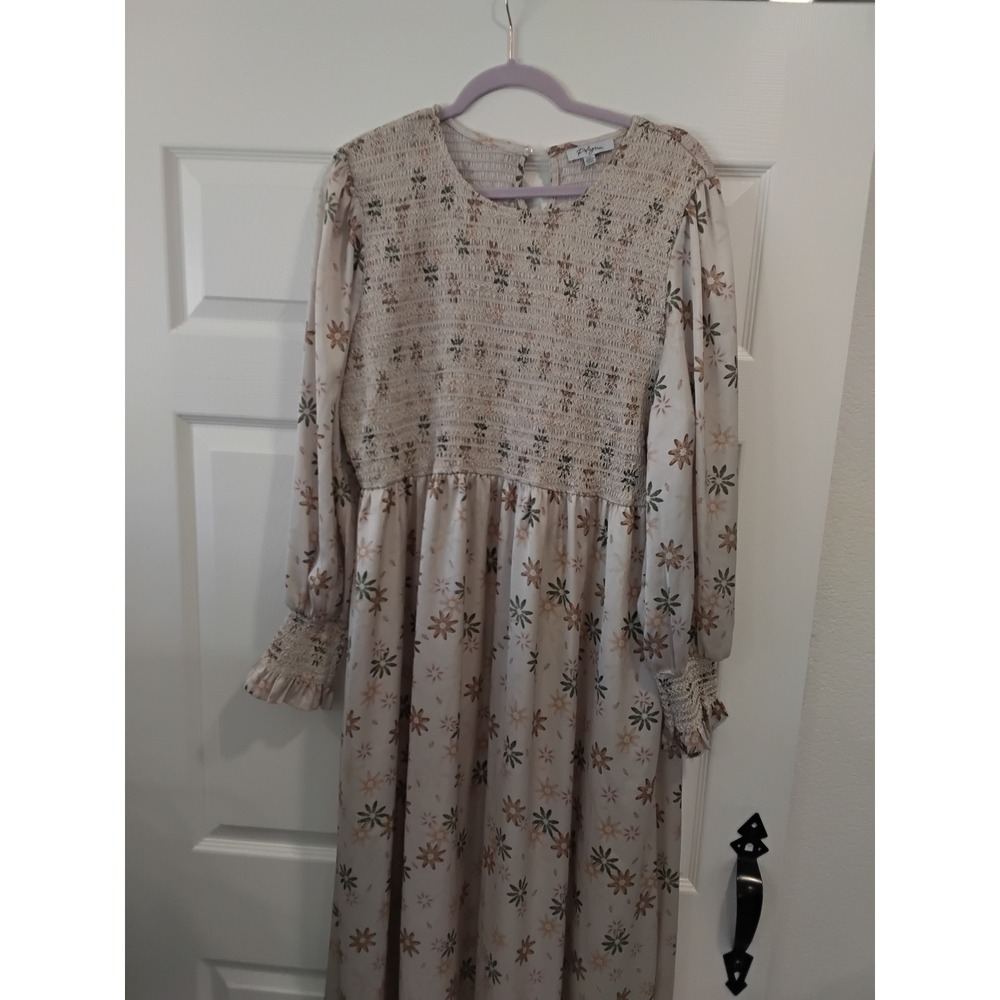 Polagram Floral Smocked Midi Dress Womens 3XL Cream Long Sleeve Cottagecore - Picture 2 of 9